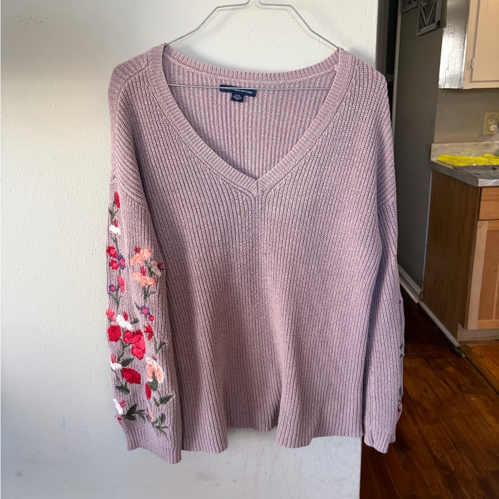 American Eagle Outfitters Pink V-Neck Sweater with Floral Embroidery